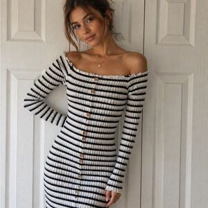 Rue21 Black & White Striped Off-Shoulder Ribbed Button-Front Dress